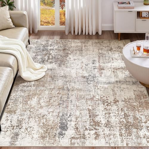 UERMEI 5x8 Area Rug Living Room Rugs - Washable Neutral Modern Abstract Soft Thin Rug Indoor Floor No Slip Rug Carpet for Bedroom Under Dining Table Home Office Decor - Brown/Grey/Red - Image 2