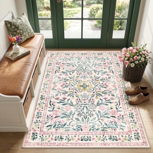 PLHXFR Area Rug Living Room: 3x5 Floral Washable Boho Carpet Pink Green by PLHXFRSoftAreaRugs