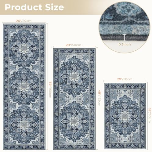 3 Piece Kitchen Rugs Sets with Runner, Washable Non Slip Soft Boho Kitchen Mats, Low Pile Stain Resistant Carpet for Hallway, Laundry Room, Entryway, Home Decor (20"x32"+20"x48"+20"x59", Navy Blue) - Image 2