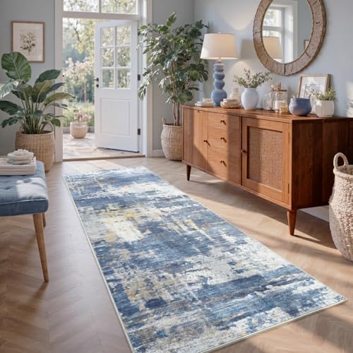 2x6 Ft Abstract Washable Runner Area Rugs for Hallway Gold Blue by Cuzwlovita