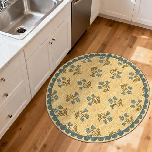 3ft Entryway Round Rug - 3x3 Small Blue Floral Circle Bathroom Rug - Image 7