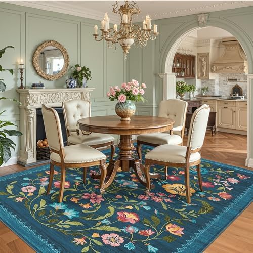 GarveeHome Washable Rug 8x10 Area Rugs for Living Room, Floral Rug for Bedroom, Soft Vintage Non Slip Throw Rugs with Rubber Back, Low Pile Stain Resistant Boho Floral Carpet for Dining Room, Blue - Image 2