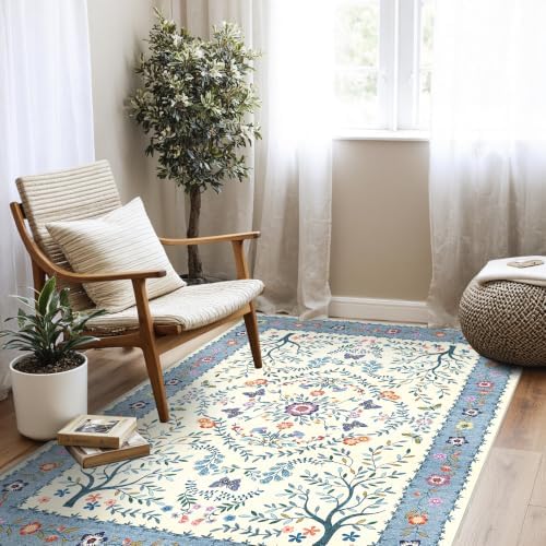 4x5 Area Rug Washable Vintage: Non Slip Entryway Floor Carpet Blue Ivory - Image 5