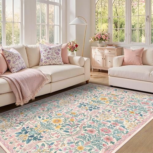 Floral Area Rug 5x7 Washable Botanical Carpet for Living Room - Image 2