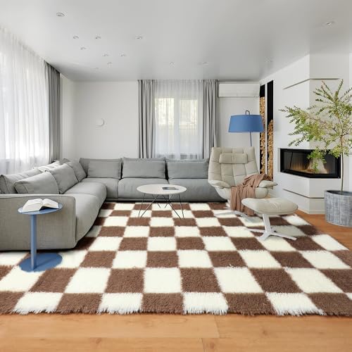 KICMOR Living Room Rug 5x8 Brown and Cream White, Large Fluffy Shag Fuzzy Checkered Area Rugs Shaggy Bedroom Carpet, Indoor Soft Plush Furry Big Rug for Teen Kids Boys Girls Room Nursery Home Decor - Image 6
