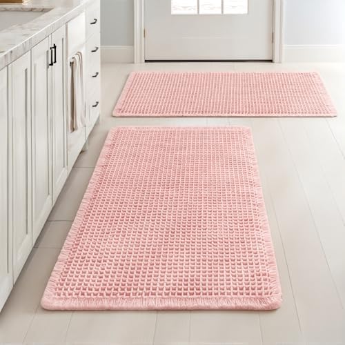MIULEE Set of 2 Waffle Bathroom Rugs Boho Bath Mat Pink 18x30 Inch by MIULEE