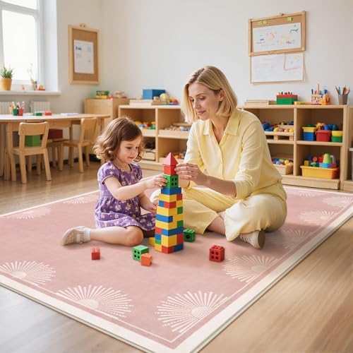 Hedlive Modern Pink 8x10 Rug for Living Room,Ultra Thin Washable Bedroom Rug 8x10 Under Bed, Non Slip Sun Print Large Rugs, Non Shedding Throw Carpet for Girls Room Nursery Dorm(8'x10',Pink) - Image 2