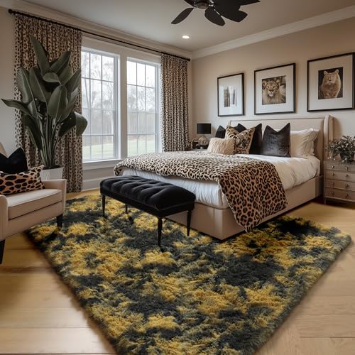 Amdrebio Black Gold Grey Fluffy Area Rug 5x7 for Bedroom Living Room Dorm - Image 3
