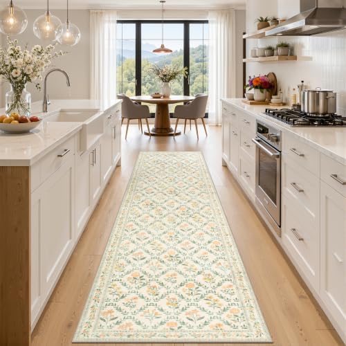 PLHXFR 2.6x10 Washable Runner Rug：Floral Indoor Kitchen Carpet Beige Multi by PLHXFRSoftAreaRugs