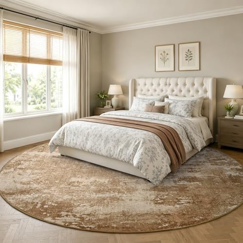 6ft Round Abstract Washable Area Rug for Living Room Brown - Image 3