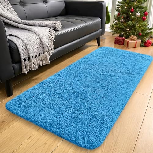 OLANLY 2x4 Machine Washable Runner Rugs for Hallway, Soft Fluffy Shaggy Bedside Rugs for Bedroom, Living Room, Indoor Floor Carpet for Kids Girls and Boys, Home Decor Aesthetic, Bright Blue by OLANLY