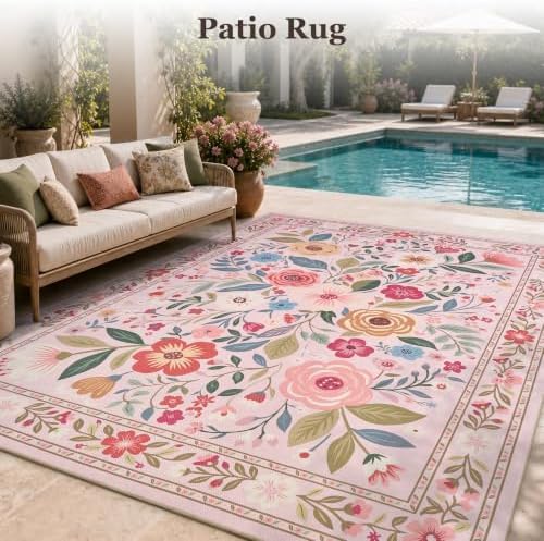 PADOOR Outdoor Rug 8x10 ft, Floral Washable Indoor Outdoor Area Rug, Flat‑Woven with Quick Dry Patio Carpet, Fade & Shed Resistant, Non‑Slip & Soft for Patio, Deck, Backyard, Porch, Living Room, Pink - Image 7