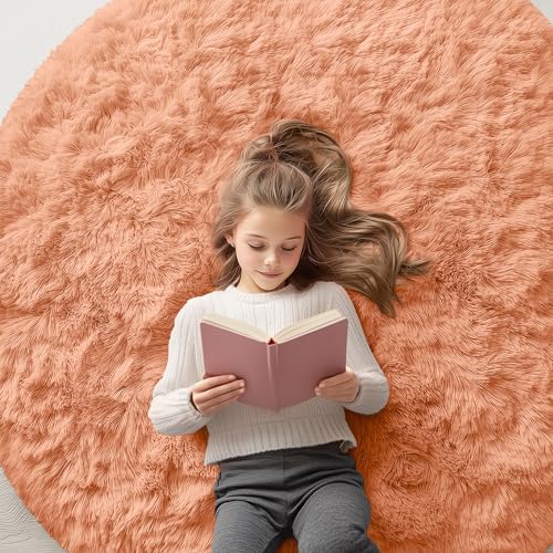 OLANLY Muted Orange Round Rugs for Bedroom - Machine Washable, 5 ft Circle Area Rugs for Living Room, Soft and Fluffy Shaggy Carpet for Teen Girl and Boys, Nursery Rooms, Dorms, Home Decor Aesthetic by OLANLY