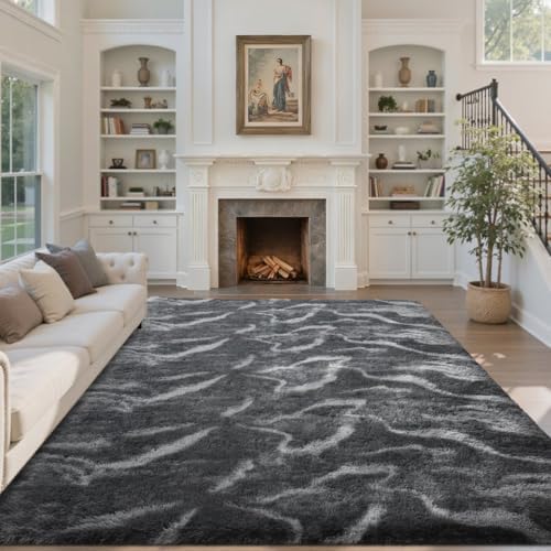 Area Rugs for Living Room 8x10 Feet, Soft Fluffy Shagg Plush Bedroom Rug Non-Slip,Large Carpet for Nursery Kids Dorm Home Decor Wavy Grey - Image 2