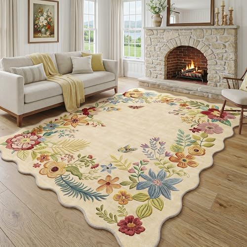 FMFUNCTEX 7x9 Washable Beige Floral Boho Scalloped Area Rug for Living Room by Fmfunctex