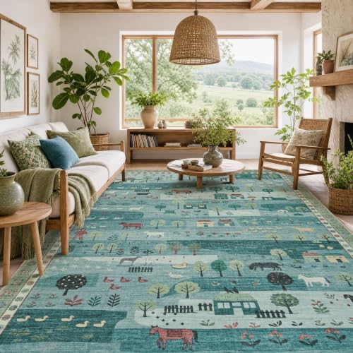 Machine Washable Area Rug 8x10 Ft, Whimsical Rug, Vintage Farmhouse, Green by SparkleGaze