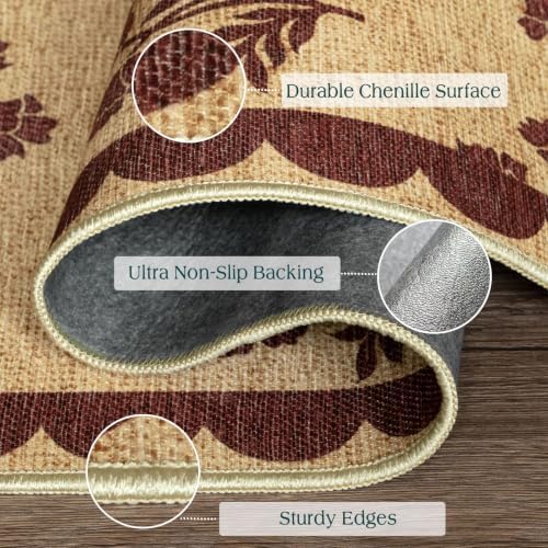 Front Door Mat Indoor Entrance - 2x4.3 Ft Burgundy Floral Washable Layered Doormat Outdoor Entrance Porch Rug Non-Slip Neutral Country Jute-Look Runner Rug for Mudroom Laundry Room Porch Decor - Image 3