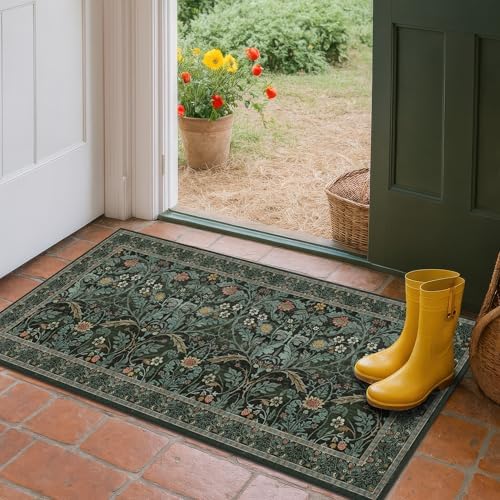 Floral Rug for Entryway Indoor 2x4, Small Soft Washable Carpet for Bedroom Beside Bed, Non Slip Kitchen Area Rugs, Mudroom Decor, Low Pile & Waterproof (Dark Green) - Image 6