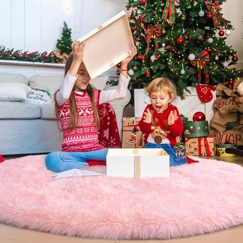 4Ft Fluffy Pink Round Rug for Girls Bedroom Kids Room, Washable Non-Slip - Image 4