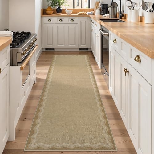 LIVEBOX Scalloped Washable 2x8 Kitchen Runner Rug, Easy Jute Geometric Tan Rug for Hallway Runner Entryway, Indoor Outdoor Non Slip Rugs Farmhouse Modern Carpet Door Mat for Porch Laundry Room - Image 2