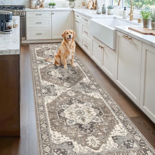 Washable Kitchen 3x8 Runner Rug - 3x8 Hallway Rug Distressed Mats Non-Slip Soft Room Floor Carpet for Dining Room (Beige,3x8) by RUUGME