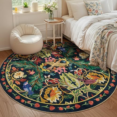 nesrt Jungle Round Area Rugs 8ft for Living Room, Soft Non-Slip Boho Circle Bedroom Rug, Washable Low Pile Floral Woodland Birds Throw Carpet for Dining Room Nursery Playroom (Dark Green) - Image 2