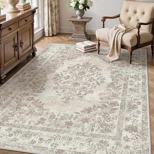 PureCozy 4x6 Washable Area Rug Bedroom Cream Beige Vintage Small Carpet by PureCozy