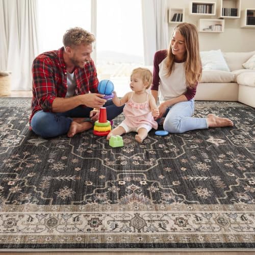 Area Rug for Living Room - 10x12 Soft Washable Oriental Vintage Floral Distressed Large Carpet - Fade Stain Resistant Non Slip Rugs for Bedroom Dining Room Nursery Dorm Office Home Decor - Black - Image 7