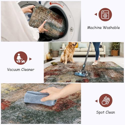 Lahome Modern Abstract 10x14 Area Rugs for Living Room, Large Washable Living Room Rug Low Pile Non Slip, Soft Accent Carpet for Bedroom Dining Room Table Home Decor Use, Red/Multi - Image 5