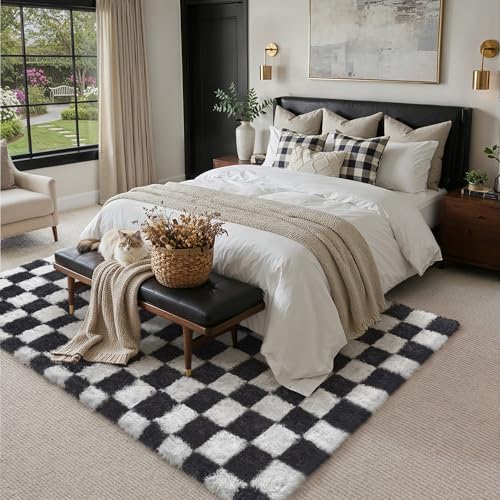 PureCozy Checkered Rug 9x12 for Living Room Black and White Soft Shag Rugs - Image 4