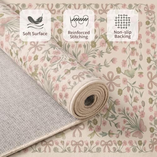 4ft Pink and Green Floral Butterfly Bow Round Nursery Rug - Image 4