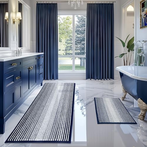 BSICPRO Bathroom Rugs Sets 2 Piece, Non Slip Striped Bath Mats, Navy by BSICPRO