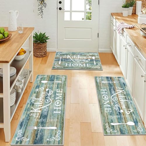 Vaukki Boho Kitchen Rug Sets 3 Piece,Teal Brown Washable Kitchen Floor Mat - Image 5