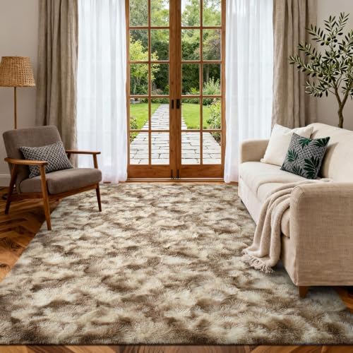 4x6 Ft Shag Area Rug for Bedroom Living Room, Tie-Dyed Ultra Soft Fluffy Furry Rugs for Indoor Floor, Aesthetic Carpet for Kids Home Decor (Khaki) by Cuzwlovita