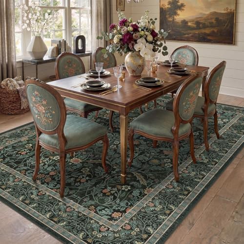 Dark Green 5x8 Dining Room Rug, Floral Washable Soft Non Slip Area Rugs for Living Room Bedroom Home Office Classroom, Vintage Indoor Décor, Botanical Pattern (Olive Green) - Image 3