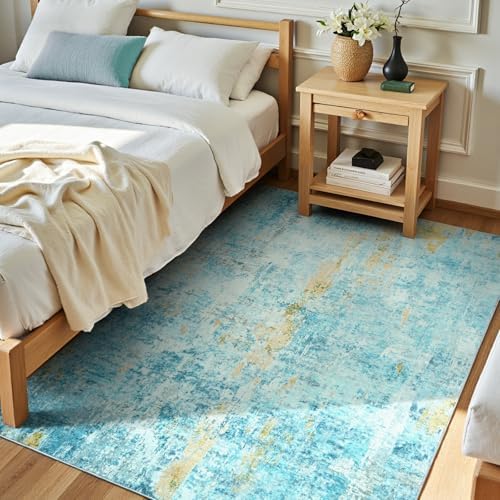Entryway Rug 3x5 Teal Blue Bedroom Area Rug Washable Non Slip Abstract Boho Rugs for Indoor Entry, Kitchen, Classroom, Bathroom, Kids Girls Room, Office, College Dorm Small Carpet - Image 2