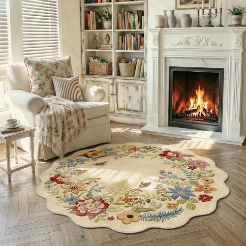 FMFUNCTEX 3ft Round Washable Beige Floral Scalloped Area Rug for Entryway - Image 3