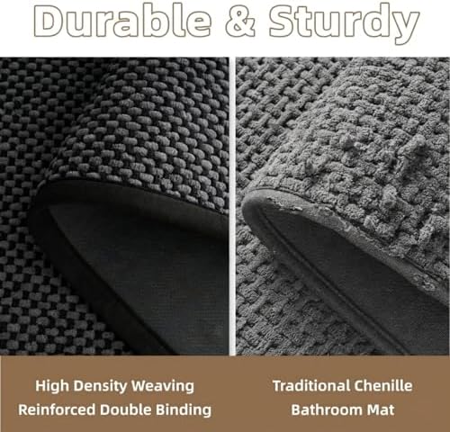 PADOOR-Bath Mat-Super Absorbent Chenille Bathroom Mats-Rubber Backed Bath Mats for Bathroom Non Slip, Easy Clean Bathroom Rugs Front of Bathtub,Shower Room,Sink-17×35, Darkgrey&Black - Image 5