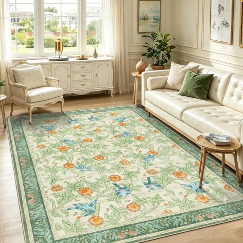 5x7 Area Rug for Living Room, Green Floral Boho Washable Rugs for Bedroom by LAISE