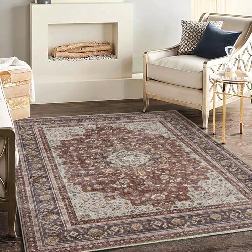 CHAMPLANT Washable Area Rug 4'x6' Traditional Floor Cover Foldable Thin Rugs Retro Kitchen Indoor Distressed Non Slip Carpet Floral Print Mat Bedroom Living Room by CHAMPLANT