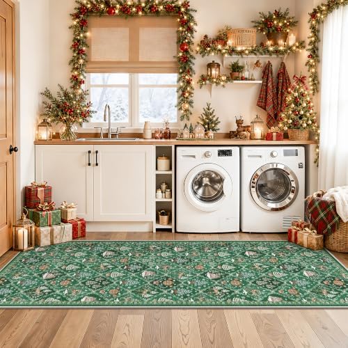 Christmas 3x8 Washable Kitchen Runner Rug, Green Non Slip Low Pile Rug - Image 4