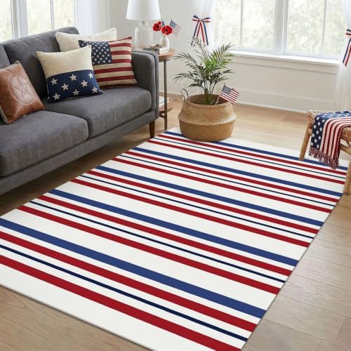 KOZYFLY 4x6 ft Patriotic Striped Rug, Washable Rug for Front Door Porch - Image 2