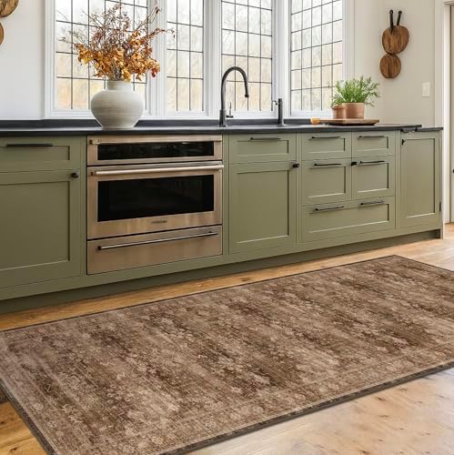 Brown Boho Washable 2x7 Runner Rugs for Hallway Kitchen Bedroom Beside Laundry Room Bathroom Rug, Pet & Kids Friendly, Non Slip Low Pile Stain Resistant Soft Faux Wool Long Dark Earthy Floor Carpet - Image 3