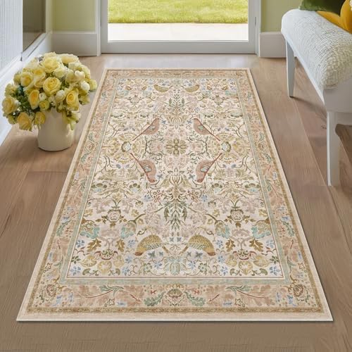 Large Entryway Rugs Indoor - Beige 3x5 Washable Rugs for Kitchen Bedroom Beside Bed Door Mat Indoor Entrance with Light Beige Woodland Flowers, Non Slip Stain Resistant Low Pile by HazoHaus
