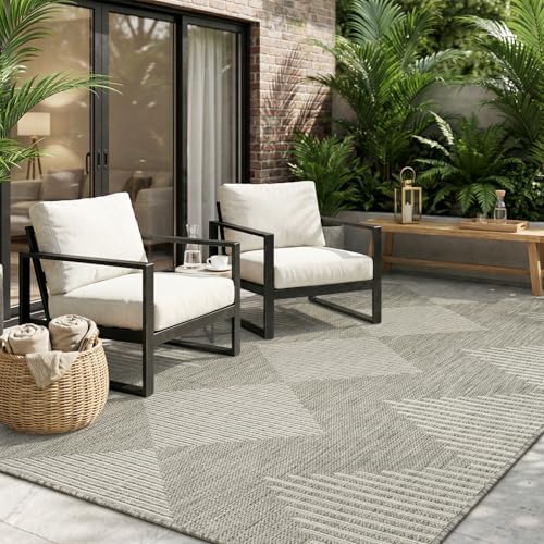 MontVoo-Outdoor Rug Carpet Patio Rug 5x7 ft Polypropylene Indoor Outdoor Rugs for Patio Deck Balcony Porch, Textured Weave, Durable for High Traffic, Fade-Resistant, Boho Geometric Silver Grey by MontVoo
