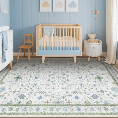Green and Blue Kids Rugs for Bedroom 5x8 - Oushak Boho Cute Area Rug, Washable Low Pile Non-Slip Soft Foldable Indoor Carpet for Nursery, Playroom - Image 6