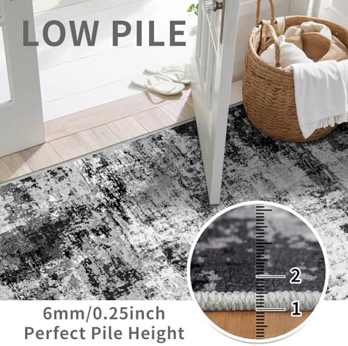 2x6 Washable Runner Rugs for Hallway: Easy-to-Clean Abstract Runners for Entryway Bedroom - Stain and Water Resistant Rugs with Non-Slip Backing - Soft Low-Pile Carpet Black Grey - Image 3
