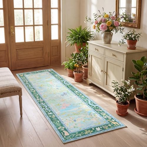 Long Runner Rug for Hallway 2x8 Whimsical Woodland Throw Runner Carpet Non Slip Stain Resistant Nursery Forest Runner Mat Washable Safari Animal Rugs for Living Room Kitchen Bedroom, Teal/Blue - Image 3