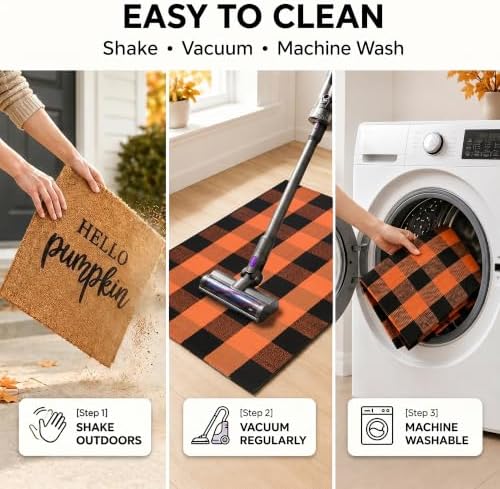 Fall Decor Doormat Combo Set, 100% Coco Coir Welcome Mat + 3' x 5' Orange and Black Plaid Rug - Fall Thanksgiving Front Porch Entryway Decor Floor Mat, Indoor Outdoors Autumn Mats Hello Pumpkin - Image 6