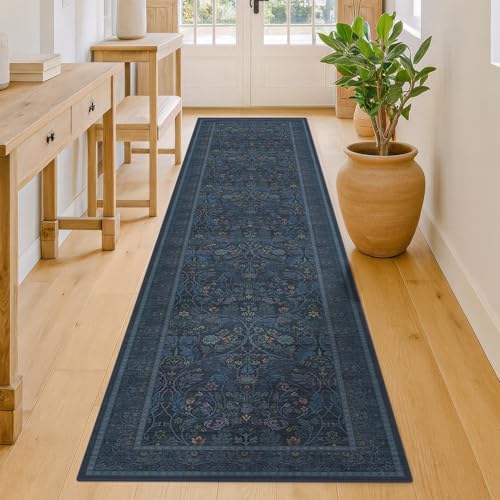 2x10 Extra Long Runner Rugs for Hallways, Non Slip Machine Washable Front Door Runner Indoor Entrance, Nature Floral Design Dark Blue Mats by Evyhood